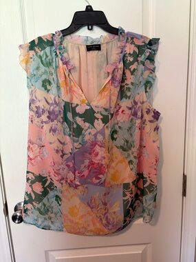 Lane Bryant Floral Patchwork Ruffle V-Neck Top - Green, Pink, Purple, Yellow